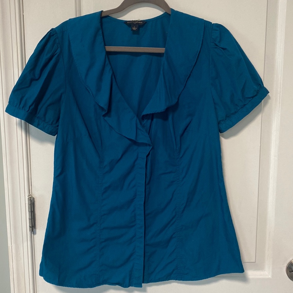 Banana Republic Teal Short Sleeve Ruffle Collar Top